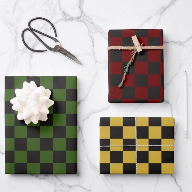 Holiday Dark Green Burgundy Gold Chequered Wrapping Paper Sheet (Front)