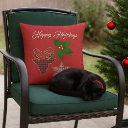 Holiday Deer Head, Snowflake and Holly Leaves Outdoor Pillow