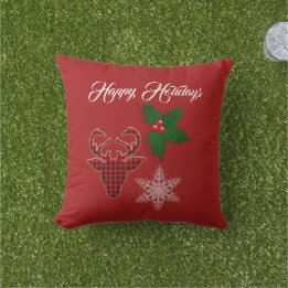 Holiday Deer Head, Snowflake and Holly Leaves   Outdoor Pillow