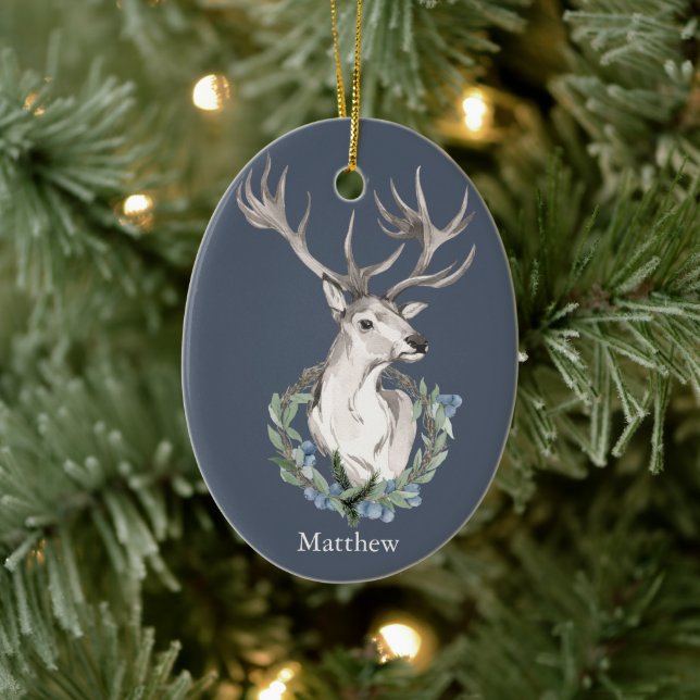 Holiday Deer with Winter Wreath Ceramic Ornament (Tree)