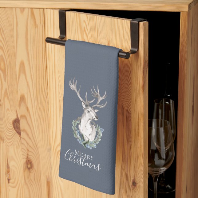 Holiday Deer with Winter Wreath Throw Kitchen Towel (Thirds Fold)