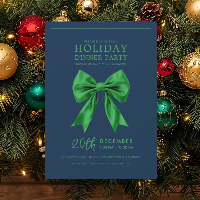 Holiday Dinner Party Green Satin Bow Navy  Invitation (Holiday Dinner Party Green Satin Bow Navy Invitation)