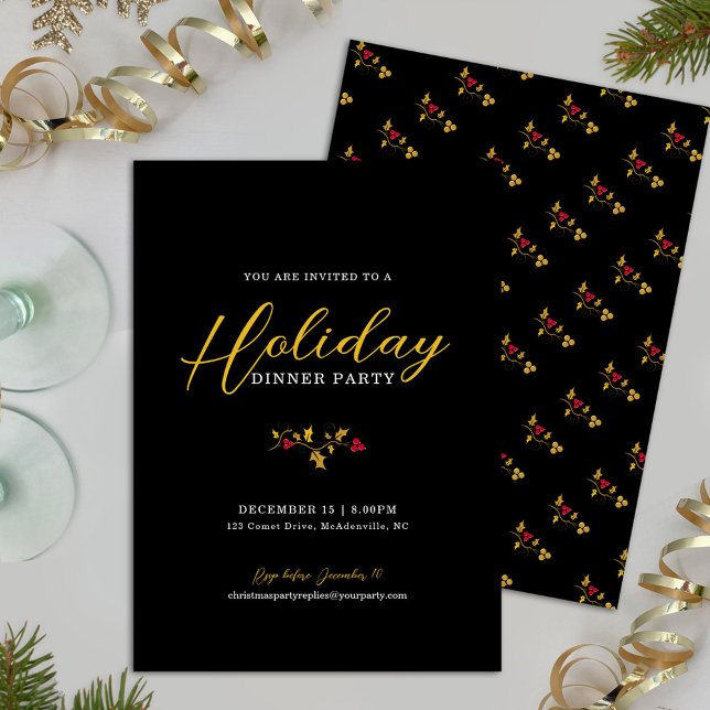 Holiday dinner party holly gold red christmas invitation (Creator Uploaded)