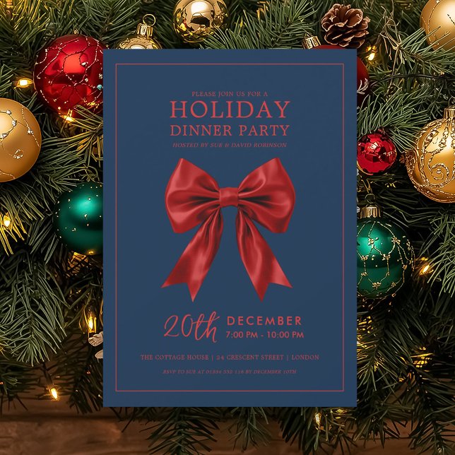 Holiday Dinner Party Red Satin Bow Navy  Invitation (Holiday Dinner Party Red Satin Bow Navy Invitation)