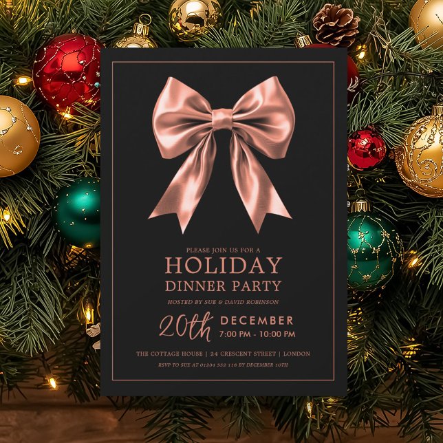 Holiday Dinner Party Rose Gold Satin Bow Black Invitation (Holiday Dinner Party Rose Gold Satin Bow Black Invitation)