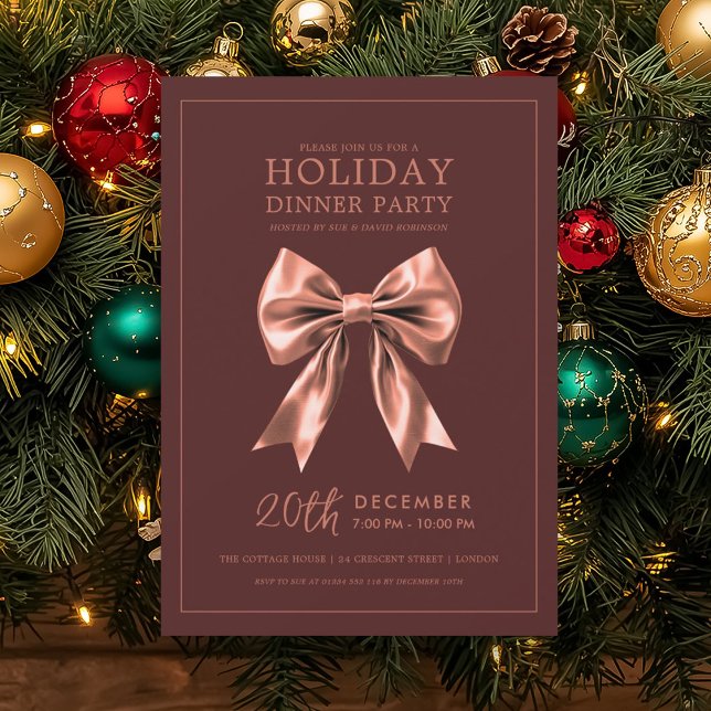 Holiday Dinner Party Rose Gold Satin Bow Burgundy  Invitation (Holiday Dinner Party Rose Gold Satin Bow Burgundy Invitation)