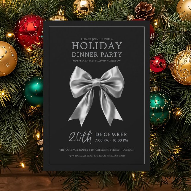 Holiday Dinner Party Silver Satin Bow Black Invitation (Holiday Dinner Party Silver Satin Bow Black Invitation)
