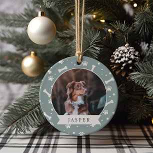 Holiday Dog Bone & Pawprint Personalized Pet Photo Ceramic Ornament