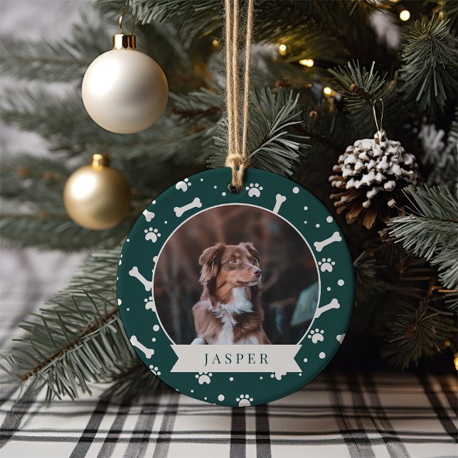 Holiday Dog Bone & Pawprint Personalized Pet Photo Ceramic Ornament (Creator Uploaded)