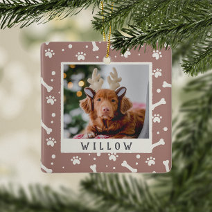 Holiday Dog Bone & Pawprint Personalized Pet Photo Ceramic Ornament