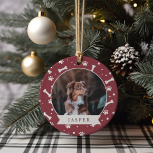 Holiday Dog Bone & Pawprint Personalized Pet Photo Ceramic Ornament