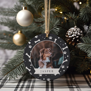 Holiday Dog Bone & Pawprint Personalized Pet Photo Ceramic Ornament