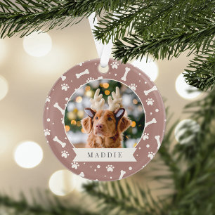 Holiday Dog Bone & Pawprint Personalized Pet Photo Ornament