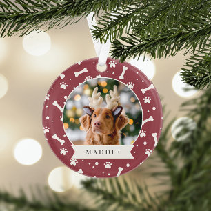 Holiday Dog Bone & Pawprint Personalized Pet Photo Ornament