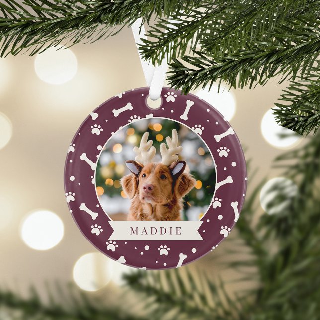 Holiday Dog Bone & Pawprint Personalized Pet Photo Ornament (Creator Uploaded)