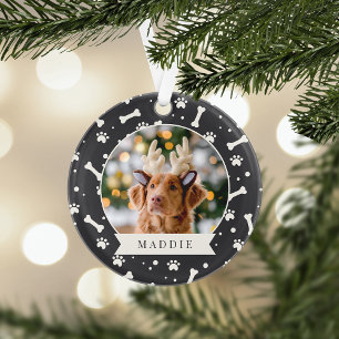 Holiday Dog Bone & Pawprint Personalized Pet Photo Ornament
