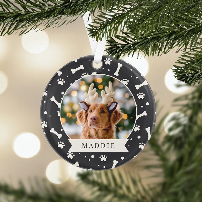 Holiday Dog Bone & Pawprint Personalized Pet Photo Ornament (Creator Uploaded)