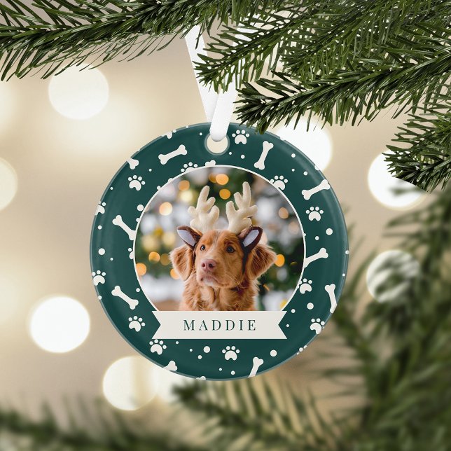Holiday Dog Bone & Pawprint Personalized Pet Photo Ornament (Creator Uploaded)
