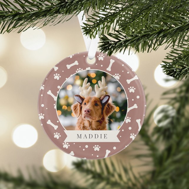 Holiday Dog Bone & Pawprint Personalized Pet Photo Ornament (Creator Uploaded)