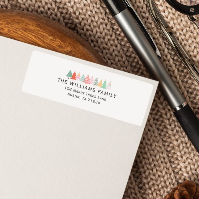 Holiday Doodled Christmas Trees in pastel colours (Christmas Doodled Trees in pastel color with space for family name and return address)