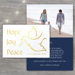 Holiday Dove Hope Joy Peace Navy Blue Modern Photo Foil Card<br><div class="desc">Wish family and friends a simple gift of peace for the holidays with an elegant dove one photo folded greeting card. All wording on this template (including "Hope Joy Peace" on front) is simple to customize, making it suitable for Christmas, New Years, Hanukkah and Rosh Hashanah. The navy blue, white...</div>