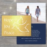 Holiday Dove Modern Hope Joy Peace Navy Blue Photo Foil Card<br><div class="desc">Wish family and friends a simple gift of peace for the holidays with an elegant dove one photo folded greeting card. All wording on this template (including "Hope Joy Peace" on front) is simple to customize, making it suitable for Christmas, New Years, Hanukkah and Rosh Hashanah. The navy blue, white...</div>