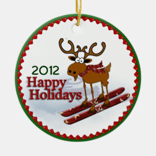 Holiday Downhill Moose Ceramic Ornament