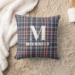 Holiday Elegant Monogram Initial Navy Blue Plaid  Throw Pillow