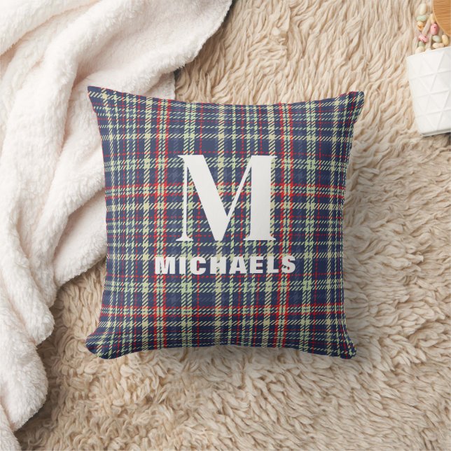 Holiday Elegant Monogram Initial Navy Blue Plaid  Throw Pillow (Blanket)