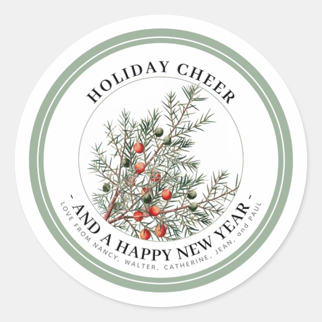 Holiday Evergreen Berries Personalized Sentiment   Classic Round Sticker (Front)