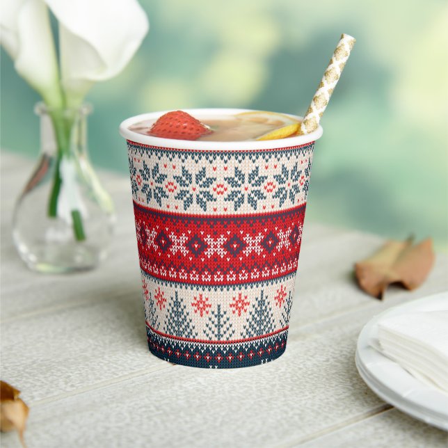Holiday Faux Knit Pattern Nordic Theme Christmas Paper Cups (Insitu)