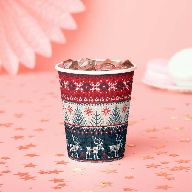 Holiday Faux Knit Pattern Nordic Theme Christmas Paper Cups (Insitu)