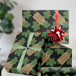 Holiday Festive Holly Berry Custom Black Christmas Wrapping Paper