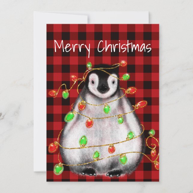Holiday Festive Penguin, twinkle red green lights Card (Front)