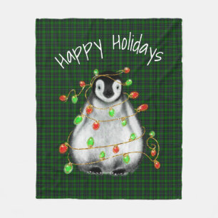 Holiday Festive Penguin, twinkle red green lights  Fleece Blanket
