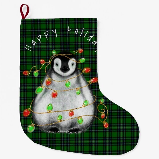Holiday Festive Penguin, twinkle red green lights  Large Christmas Stocking (Front)