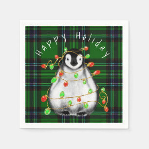 Holiday Festive Penguin, twinkle red green lights Napkin