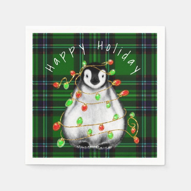 Holiday Festive Penguin, twinkle red green lights Napkin (Front)