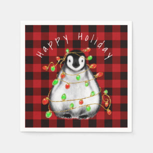 Holiday Festive Penguin, twinkle red green lights Napkin