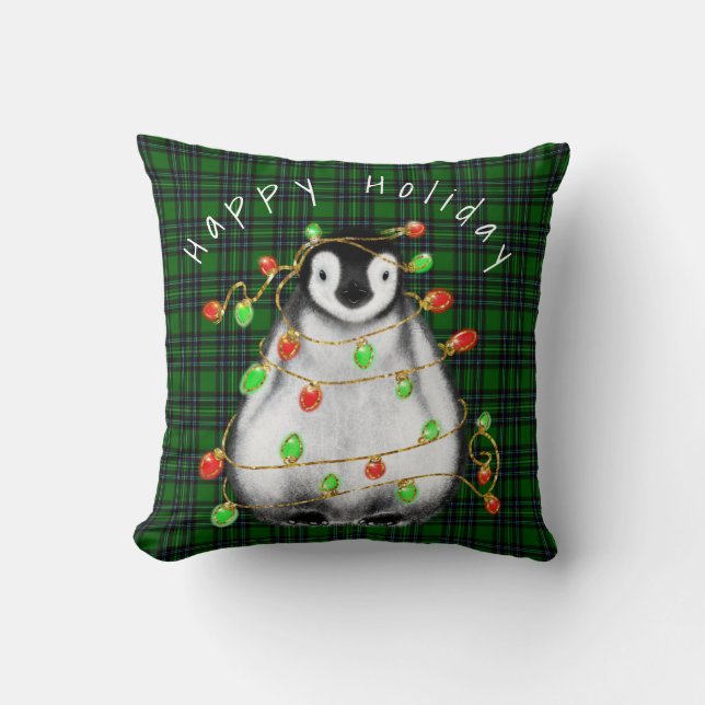Holiday Festive Penguin, twinkle red green lights  Throw Pillow (Front)