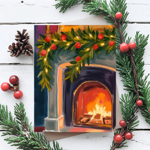 Holiday Fireplace   Christmas Garland Painted Card