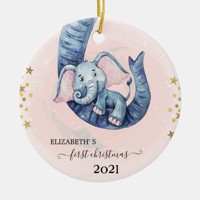 Holiday First Christmas Baby Elephant Ceramic Ornament (Front)