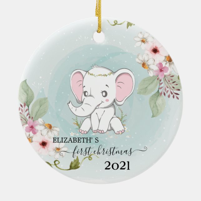 Holiday First Christmas Baby Elephant Flowers Ceramic Ornament (Back)