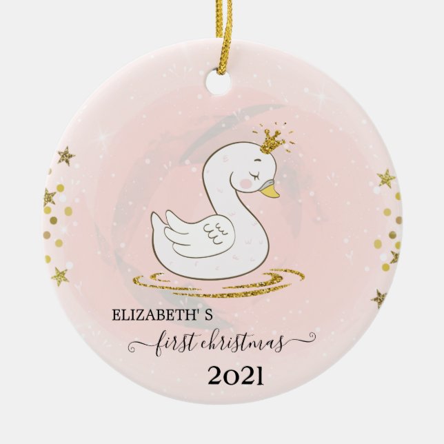 Holiday First Christmas Baby Swan Ceramic Ornament (Front)