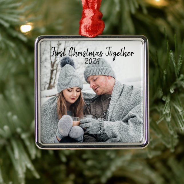 Holiday First Christmas Photo Seasonal Script Metal Ornament (Tree)
