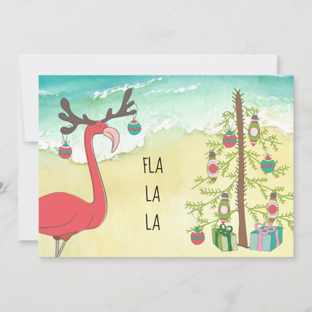 Holiday Flamingo Beach Scene Christmas Card (Front)