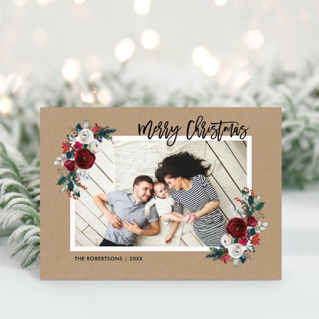 Holiday Floral 2 Photo Folded Christmas Card (Creator Uploaded)