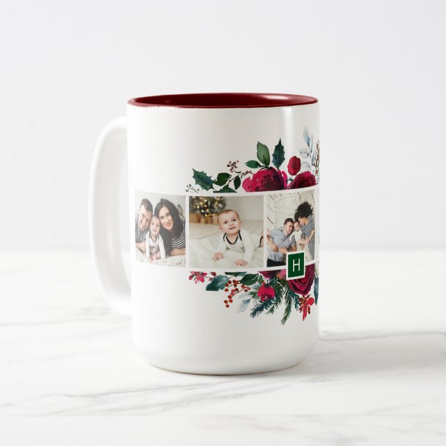 Holiday Floral 5 Photo Collage Monogram Christmas Two-Tone Coffee Mug (Front Left)