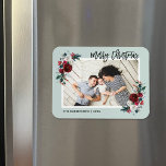 Holiday Floral Christmas Photo Magnet<br><div class="desc">Custom magnetic holiday photo cards with simple templates for customization. This festive design features an elegant watercolor floral border in red, green and burgundy colours on a mint background. The text reads "Merry Christmas" in a modern calligraphy script font. Personalize it with your photos, name, the year or other custom...</div>