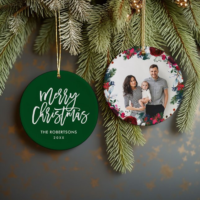 Holiday Floral Christmas Wreath Personalized Photo Ceramic Ornament (Creator Uploaded)